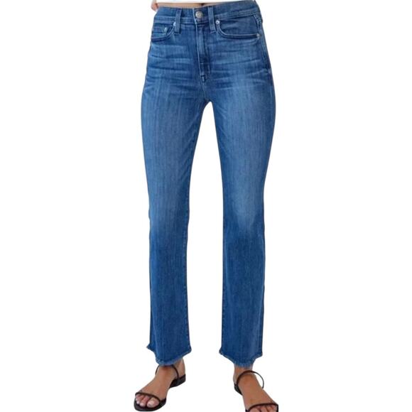 AYR The Pop Jeans Straight Ankle Raw Hem Frayed High Waisted Bomba Blue 33" - Picture 1 of 7